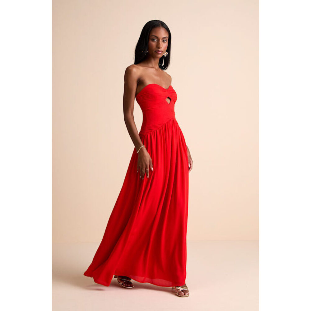 Lulus Rozala Bright Red Pleated Strapless Maxi Dress - Size L